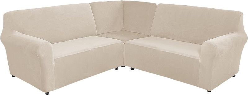 Photo 1 of 3 Piece Corner Sectional Couch Covers 4 Seater + 1 Corner Seat L Shape Sectional Sofa Covers Soft Stretch Velvet Corner Couch Cover for Sectional Sofa Large Beige 