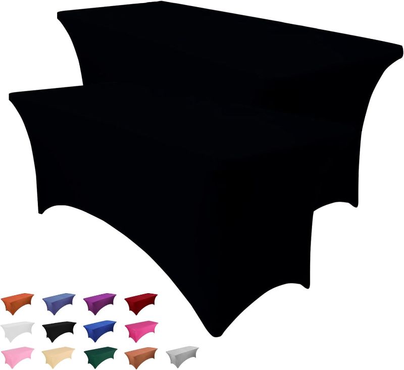 Photo 1 of 2 Pack 6FT Table Cloth for Rectangular Tablecloth Black Stretch Fitted Table Cover Spandex Tablecloths Table Protector for Event, Cocktail, Wedding, Banquet or Parties 