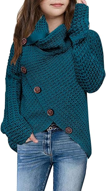 Photo 1 of Ebifin Girl SweatersTurtle Cowl Neck Asymmetric Button Wrap Hem Pullover Sweaters for Girls 110