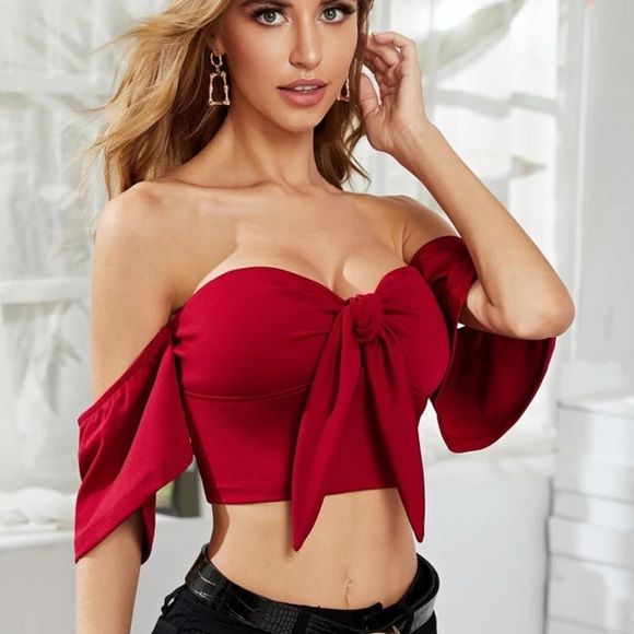 Photo 1 of (SMALL) Women's Wine Red Crop Off the Shoulder Top