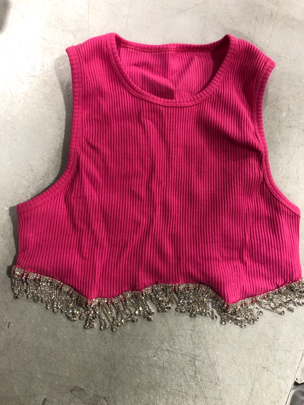 Photo 1 of (S) Women's Sparkly Rhinestone Fringe Top Sleeveless Crop Tops with Glitter Tassel