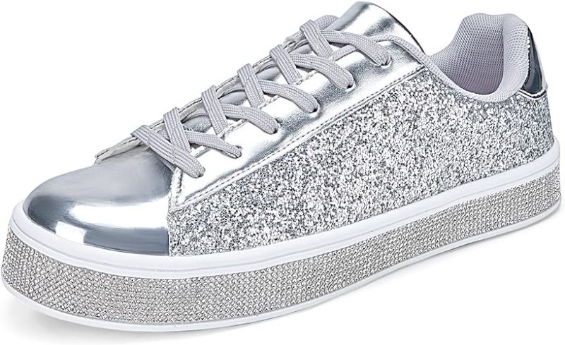 Photo 1 of (8) UUBARIS Women's Glitter Tennis Sneakers Neon Dressy Sparkly Sneakers Rhinestone Bling Wedding Bridal Shoes Shiny Sequin Shoes