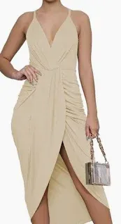 Photo 1 of (XL) LYANER Women's V Neck Ruched Wrap Slit Hem Sleeveless Spaghetti Strap Midi Bodycon Dress