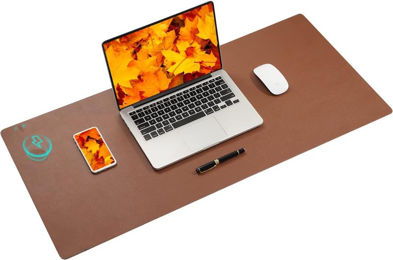 Photo 1 of Wireless Charging Mouse Pad Firelison 2 in 1 Leather Multifunctional Office Desk Pad with Non-Slip Rubber Base, Waterproof Desk pad for Computers/Office/Work/Home/Decor? 36" x 17"Brown - L?