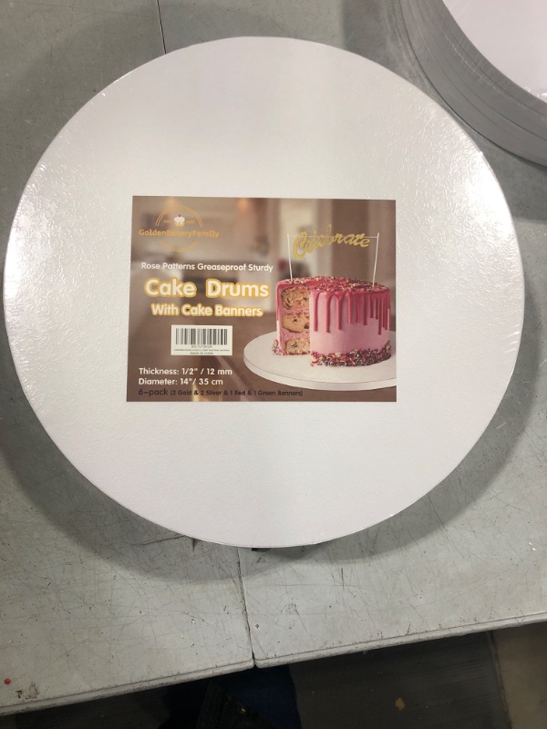 Photo 2 of 14 Inch Cake Drums with Banner Cake Topper-Cake Board Round White(6-Pack) 1/2 Inch Thick Cake Boards, Sturdy, Greaseproof for Birthday Wedding Multi-Tiered Party Cake Boards by Golden Bakery Family 14inch?6 Pack? White