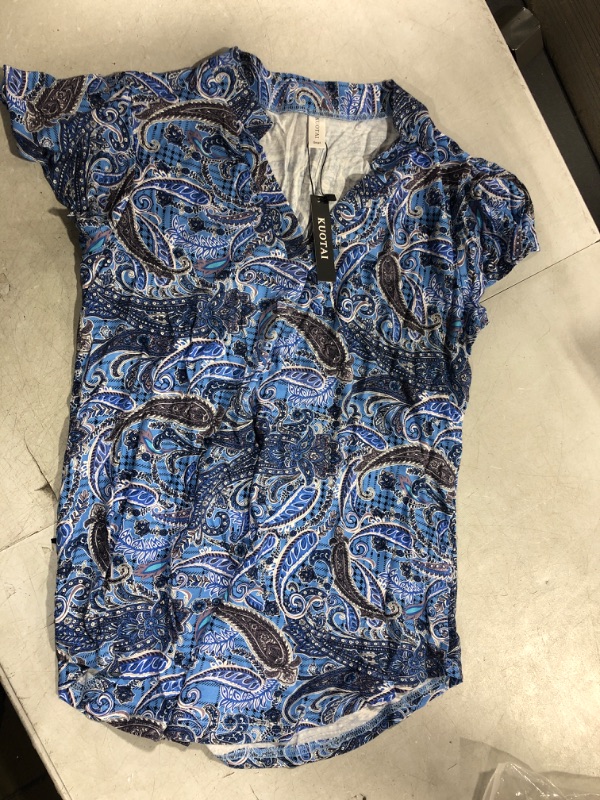 Photo 1 of (S) Kuotai Women’s V neck Short Layer Sleeve Blouse Top Blue Paisley
