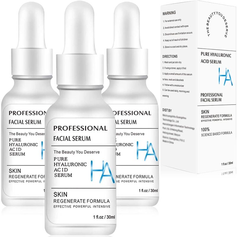 Photo 1 of 3 Pack Pure Hyaluronic Acid Serum for Face, Facial Moisturizer Skincare Fades Wrinkles Repair Brightening Firming Hydrating for Dry Skin (1Fl.Oz/30ml)