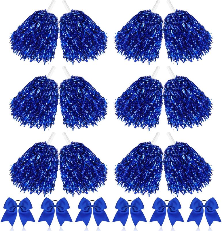 Photo 1 of 18 Pack 13 Inch Cheerleading Pom Poms and 8 Inch Bow Cheerleading Pom Poms with Baton Handle and Large Cheerleader Hair Bows for Teen Girls Softball Dance Cheerleader Outfit Uniform(Blue)