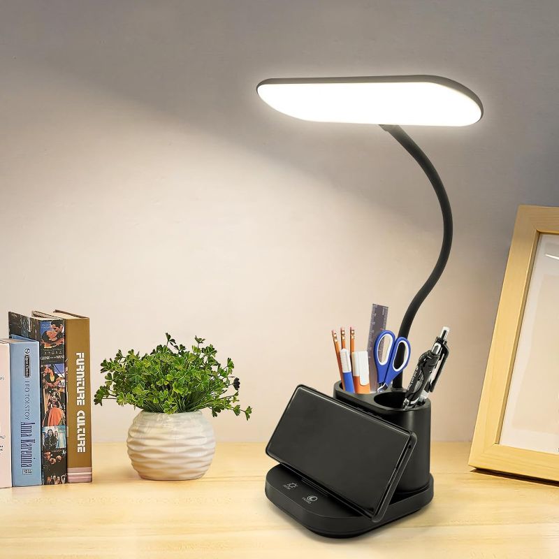 Photo 1 of LED Desk Lamps for Home Office, Small Desk Lamp with Night Light, Rechargeable Table Lamp with Pen Holder, Eye-Caring Desk Light with 3 Color Modes, Brighter Adjustable Gooseneck Reading Light - Black
