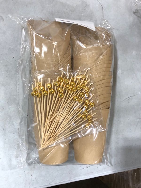 Photo 1 of 50 Cups + 50 Picks + 50 labels 14 oz Kraft Charcuterie Cups with golden ball Cocktail Picks - Disposable Brown Paper Appetizer Cups, Popcorn Boxes