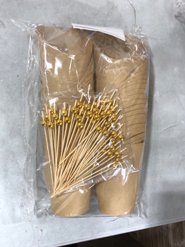 Photo 1 of 50 Cups + 50 Picks + 50 labels 14 oz Kraft Charcuterie Cups with golden ball Cocktail Picks - Disposable Brown Paper Appetizer Cups, Popcorn Boxes