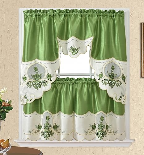 Photo 1 of  Rose Melody. 3pcs Kitchen Cafe Curtain Set. Swag and 24 inches Tiers Set for Small Windows. Nice Matching Color Rose Embroidery on Border and Inserted Organza. (Green)