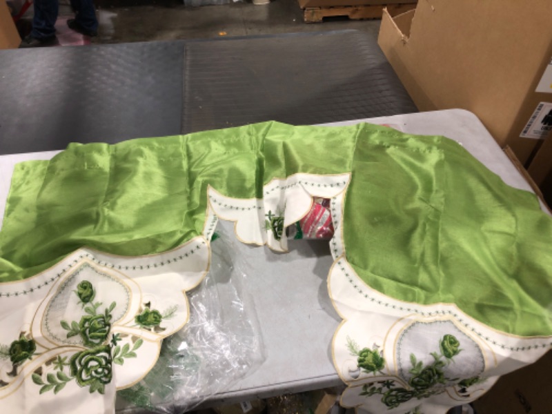 Photo 2 of  Rose Melody. 3pcs Kitchen Cafe Curtain Set. Swag and 24 inches Tiers Set for Small Windows. Nice Matching Color Rose Embroidery on Border and Inserted Organza. (Green)