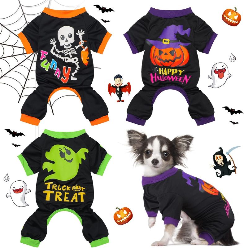 Photo 1 of (L) 3 Pieces Halloween Dog Jumpsuit Pet Pajamas Dog Skull Pumpkin Ghost Puppy Rompers Bodysuit Halloween Style Puppy Clothes Shirt Dog Apparel Jumpsuit for for Pet Puppy Dog Cat