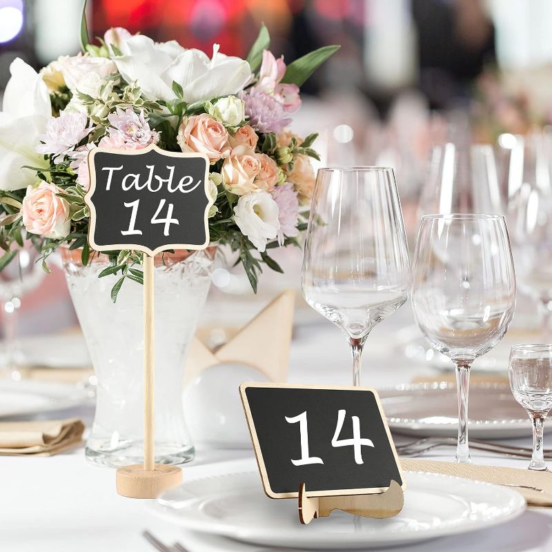 Photo 1 of 20 pack Mini Chalkboard Signs Food Labels Small Wooden Blackboard with Easel Stand for Table Numbers Wedding Sign Message Board Place Cards Party Chalk Board Event Decorations Buffet Chalkboards