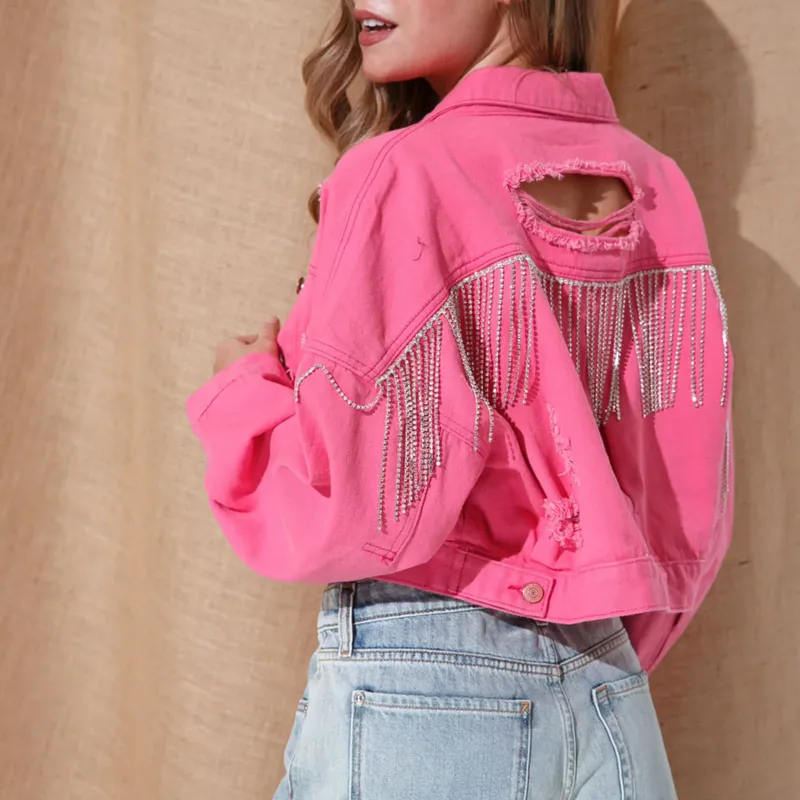 Photo 1 of (L) Oversize Jean Jacket off The Shoulders Jean Jacket Women Casual Solid Denim Turndown Collar Splice Rhinestone Tassel Long Sleeve Loose Button Jacket Western Wear Women Tops