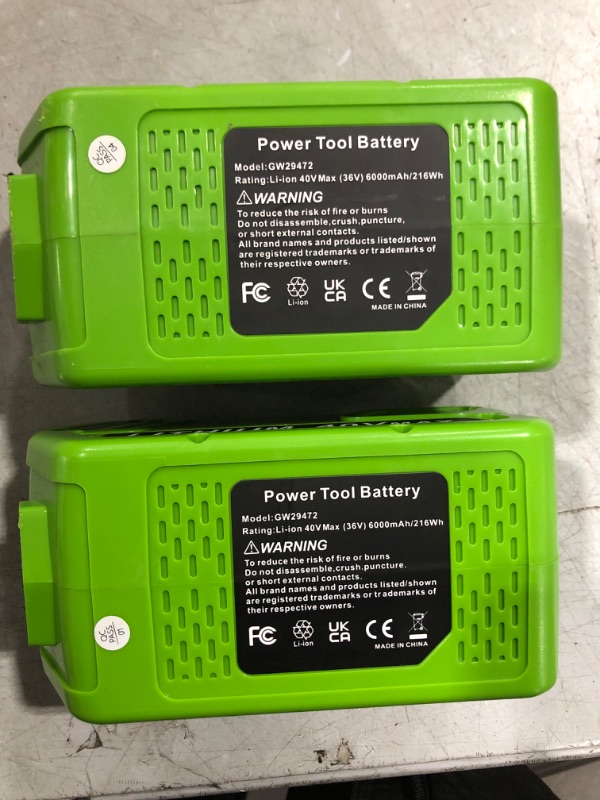 Photo 2 of 29472 40V 6.0Ah Battery Replacement for GreenWorks 40V Battery 29472 29462 29252 20202 22262 25312 25322 20642 22272 27062 21242 G-Max Cordless Power Tools (2 Packs 6000mAh)