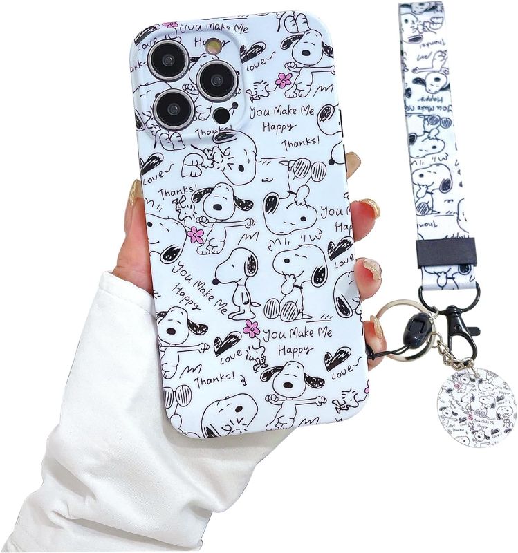 Photo 1 of Cartoon Creative and Unique Pattern Design Portable Soft TPU Apple Mobile Phones Case. with Lanyard Keychain, suitable for Male and Female iPhone 14 Pro 6.1 inch White Snoopy