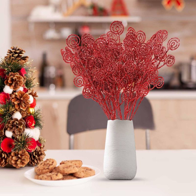 Photo 1 of 32 Pcs Red Glitter Christmas Picks Christmas Tree Filler Branches, Candy Christmas Tree Sticks for Xmas Floral Picks Sprays Crafts Party Festive Home Tree Decorations