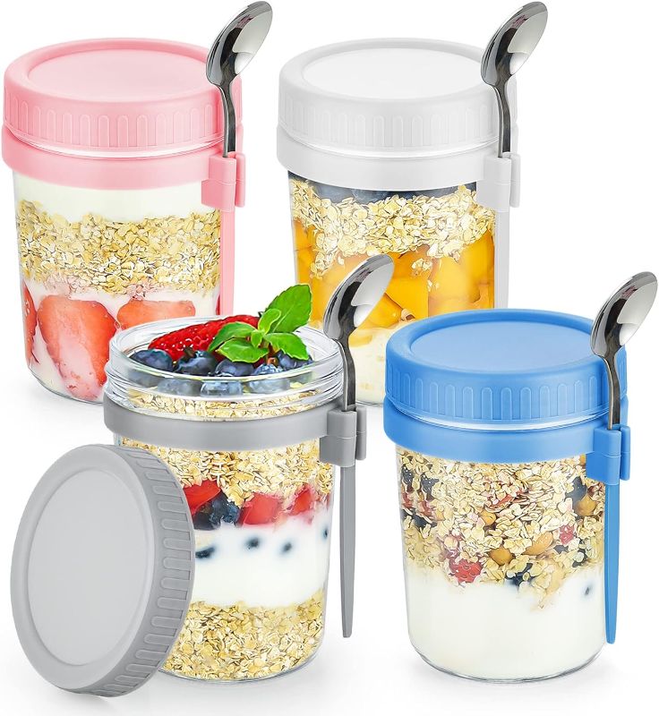 Photo 1 of 4 Pack Overnight Oats Containers with Lids And Spoon, 16 oz Glass Mason Jars For Overnight Oats, Large Capacity Overnight Oats Jars with Measure Marks Oatmeal Container for Cereal Yogurt Fruit Salad