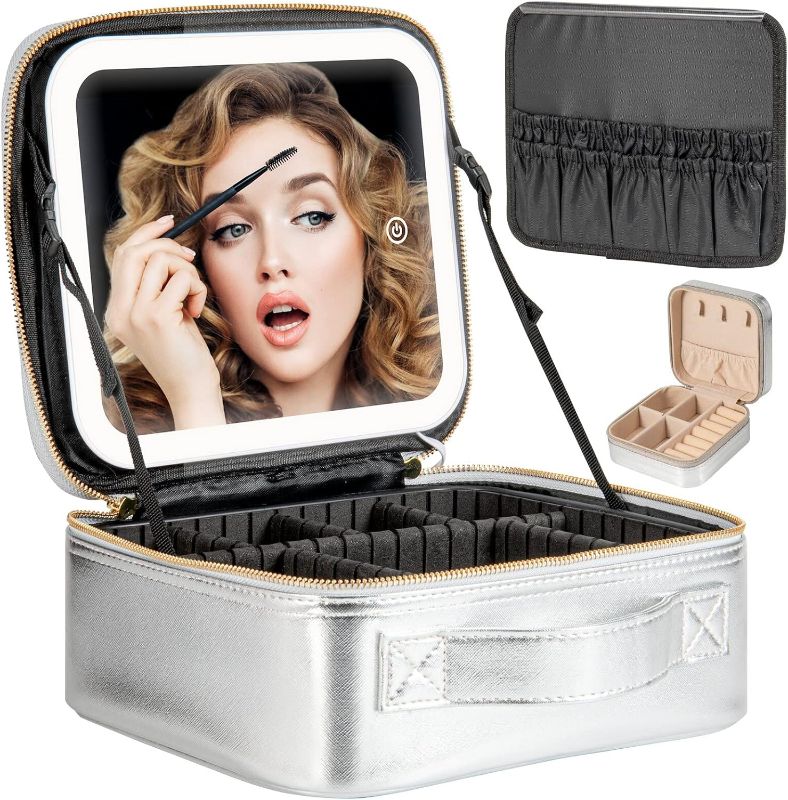 Photo 1 of Extrei Gent Makeup Travel Train Case with Mirror LED Light 3 Adjustable Brightness Cosmetic Bag Portable Storage Adjustable Partition Waterproof Makeup Brushes Makeup Jewelry Gift for Women
