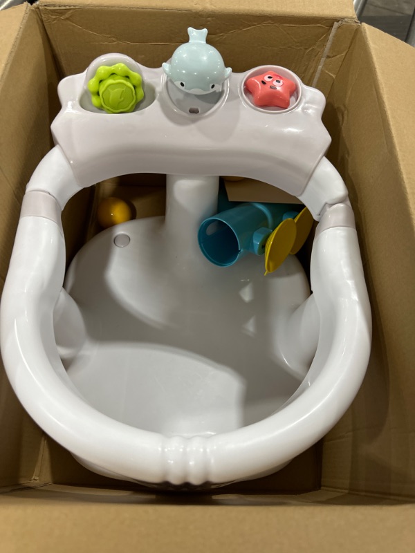 Photo 2 of Baby Bath Seat [Original] - Ergonomic Backrest – Side Opening Design – 2 Rotating Toys + 1 Pressing Toy – 4 Strong Anti-Slip Suction Cups – Ideal Gift for Baby 6-36 Months! (White-Style/2)