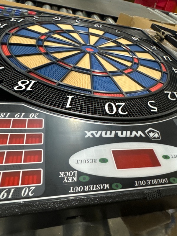 Photo 1 of WIN.MAX Electronic Dart Board Cabinet Set, Soft Tip Darts Board with LED Electronic Scoreboard for Darts, up to 16 Players , 38 Games and 211 Variations, 12 Darts Included ?Woodgrain