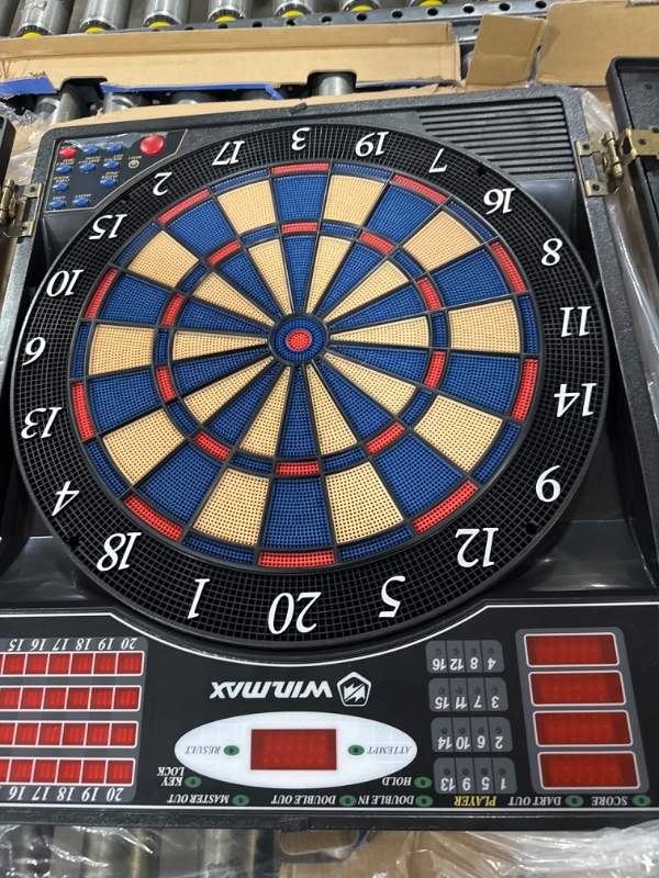 Photo 1 of WIN.MAX Electronic Dart Board Cabinet Set, Soft Tip Darts Board with LED Electronic Scoreboard for Darts, up to 16 Players , 38 Games and 211 Variations, 12 Darts Included ?Woodgrain