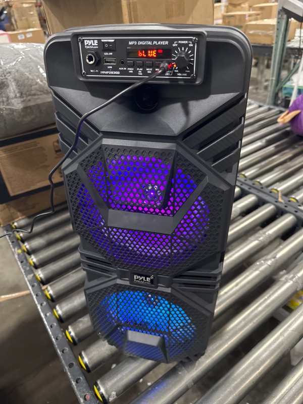 Photo 1 of Pyle Bluetooth PA Speaker System - 600W Rechargeable Outdoor Bluetooth Speaker Portable PA System w/ Dual 8” Subwoofer 1” Tweeter, Microphone In, Party Lights, USB, Radio, Remote - Pyle PPHP2836B Speaker System Speaker System