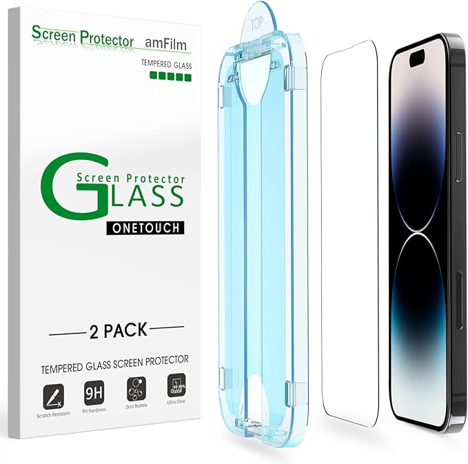 Photo 1 of amFilm Screen Protector OneTouch Compatible with iPhone 14 Pro Max 6.7", Dynamic Island Compatible- with Easy Installation Kit, Full Coverage Case Friendly, Tempered Glass, 2 Pack