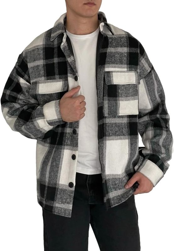 Photo 1 of COWOKA Men's Casual Warm Plaid Wool Blend Jacket Fleece Relaxed Fit Button Up Long Sleeve Shacket Shirt Coat  XXL
