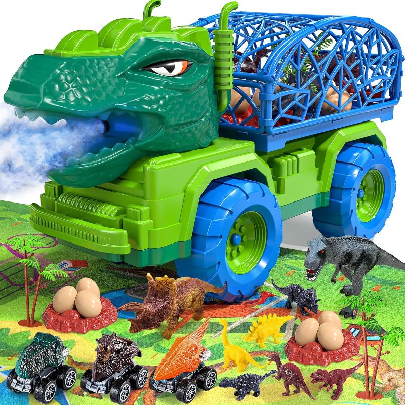 Photo 1 of ***USED - LIKELY MISSING PARTS - UNABLE TO VERIFY FUNCTIONALITY***
MAGICDINOSAUR Spray Dinosaur Truck Toys for Kids Years, Tyrannosaurus Transport Car Carrier with Mist Spray, 8 Dino Figures, 3 Dino Cars & 6 Eggs, Play Mat, Jurassic Play Set for Boys 3+
