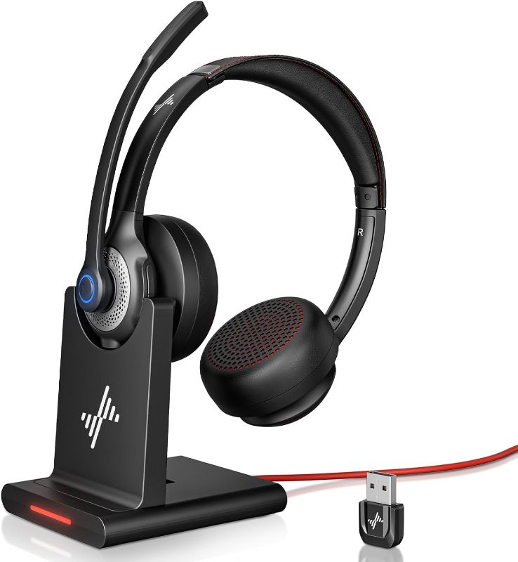 Photo 1 of JIAMQISHI Wireless Headset with AI Noise Cancelling Microphone Bluetooth Headset - Bluetooth V5.2 Headphones with USB Dongle, Charging Base & Mic Mute for Computer/Laptop/PC/iPhone/Android/Cell Phones