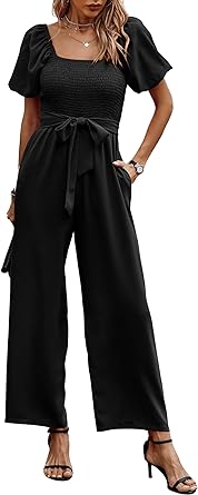 Photo 1 of Angashion Women's Jumpsuits Square Neck Puff Short Sleeve Smocked Waist Wide Leg Outfit Rompers Playsuit With Belt Pockets  XL
