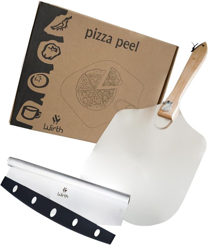 Photo 1 of  similar to stock photo Wirth Sliding Pizza Peel Set | 12” × 14” Aluminum Pizza Peel with 14” Pizza Cutter Foldable Wood Handle and Pizza Spatula | Essential Pizza Accessories for Home Oven or Grill, Baking Pizza, Cookies