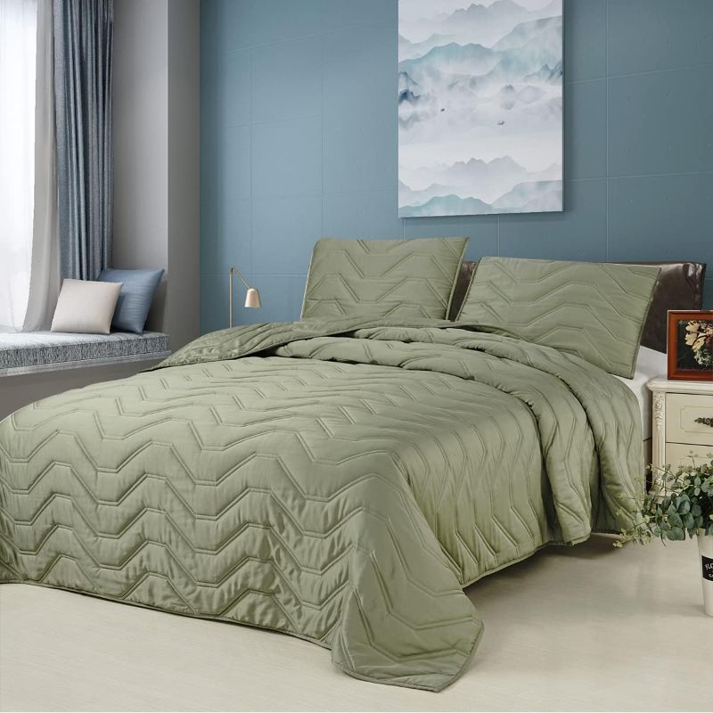 Photo 2 of  GREY NOT GREEN***** DOWN HOME Satin Silky Lightweight 3 Pieces Quilt Set Coverlet Set Modern Classic Quilting Pattern for All Season Super Soft and Silky Full Queen 88x92inch GREYF/Q