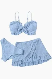 Photo 1 of Girl's 3 Piece Cute High Waisted Ruffle Trim Swimsuit Bikini Sets with Beach Skirt 11-12y