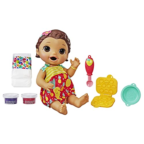 Photo 1 of Baby Alive Super Snacks Snackin’ Lily Baby: Brunette Hair Baby Doll That Eats, with Reusable Doll Food, Spoon and 3 Accessories, Perfect Doll for 3
