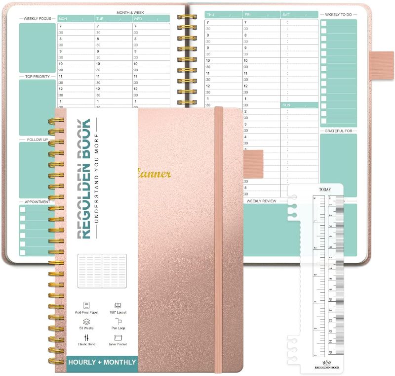 Photo 1 of Regolden-Book Undated Weekly & Monthly Planner 12 Month 53 Weeks, Hardcover Faux Leather To Do List Notebook with Spiral Bound, Inner Pocker, Ruler, Pen Loop?Academic Agenda Book A5 Black (5.5" x 8.5") Weekly Planner pink 