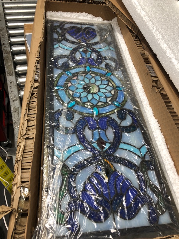 Photo 2 of Yogoart Extra Large Horizontal Blue Victorian Stained Glass Window Panels Hanging Transom Window Panels (30" X 10")