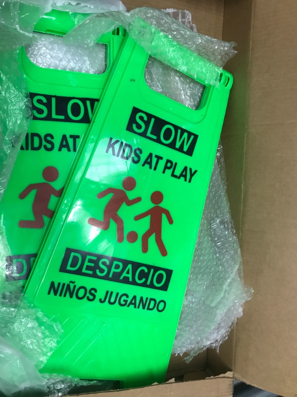 Photo 2 of 2 Pcs Slow Kids at Play Sign, Children at Play Safety Signs with Double Sided Text and Graphics, Caution Playing Warning Signs for Street Neighborhoods Schools Sidewalk Driveway (Green, Classic)