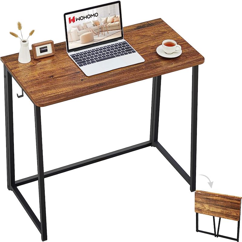 Photo 1 of WOHOMO Folding Desk, Small Writing Desk 39.4", Space-Saving Foldable Laptop Table Writing Workstation for Home Office, Easy Assembly, Rustic Walnut
