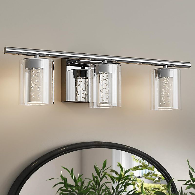 Photo 1 of **NOT EXACT SAME AS STOCK PHOTO** 3-Light Vanity Lights, Silver Bathroom Light Fixture, LED Dimmable Modern Wall Lighting Over Mirror with Crystal Bubble & Clear Glass Shade for Hallway, Bedroom Silver (3-Light)