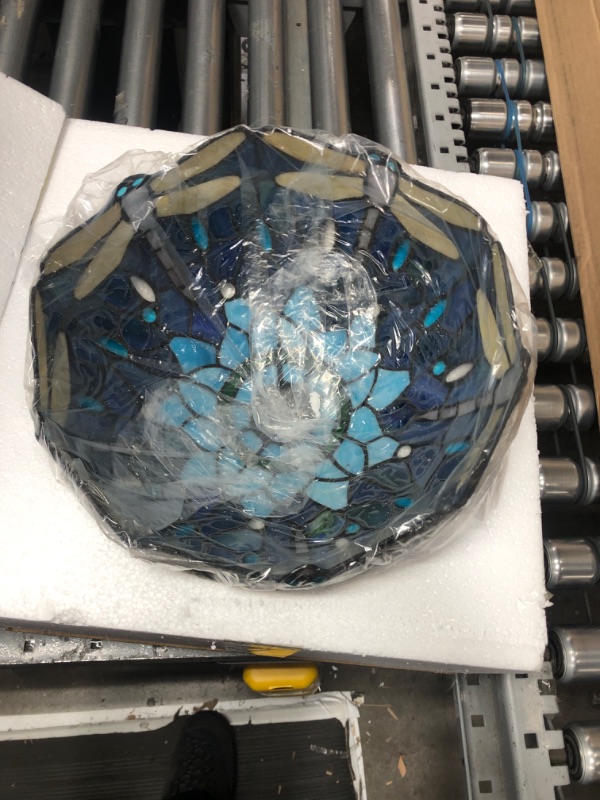 Photo 1 of AVIVADIRECT Tiffany Table Lamp Stained Glass Desk Light with Metal Leaf Base W12H19 Inch - Blue Dragonfly Style