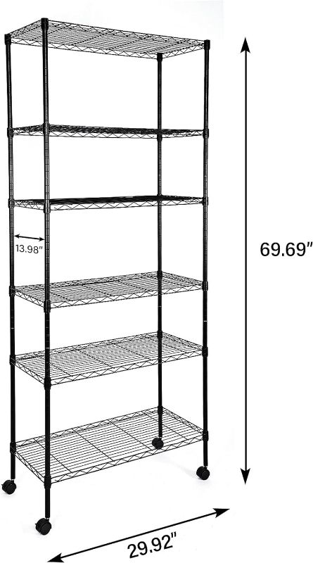 Photo 1 of (NON-REFUNDABLE) Simple Deluxe Heavy Duty 6-Shelf Shelving with Wheels, with Hanging Hooks, Wire Shelving, Adjustable Storage Units, 29.92'' D x 13.98'' W x 71.65' H, 6 Tier, Black 30"x 14"x 72", 6 Tier