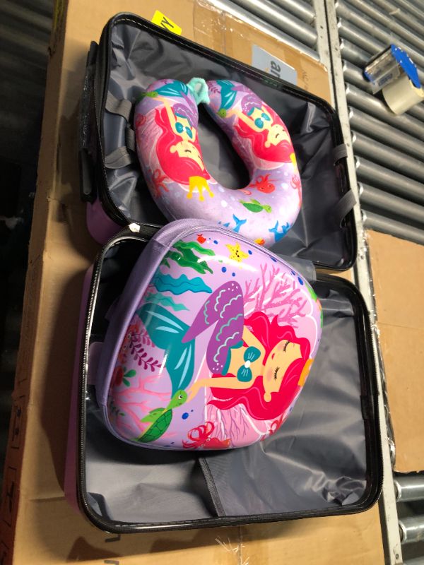 Photo 4 of ***USED - SCRATCHED AND SCUFFED - SEE PICTURES***
Sanwuta 4 Pieces Mermaid Luggage 17 Inch Kids Rolling Luggage for Girls Purple Travel Rolling Suitcase with Wheels Kids Luggage Set with Backpack Neck Pillow Name Tag