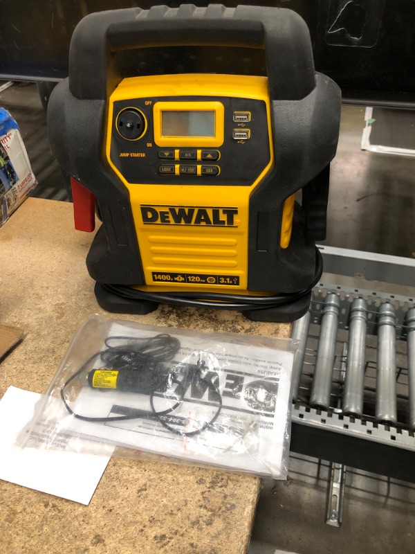 Photo 2 of **SSE NOTES** DEWALT DXAEJ14 Digital Portable Power Station Jump Starter: 1400 Peak/700 Instant Amps, 120 PSI Digital Air Compressor, 3.1A USB Ports, Battery Clamps , Yellow