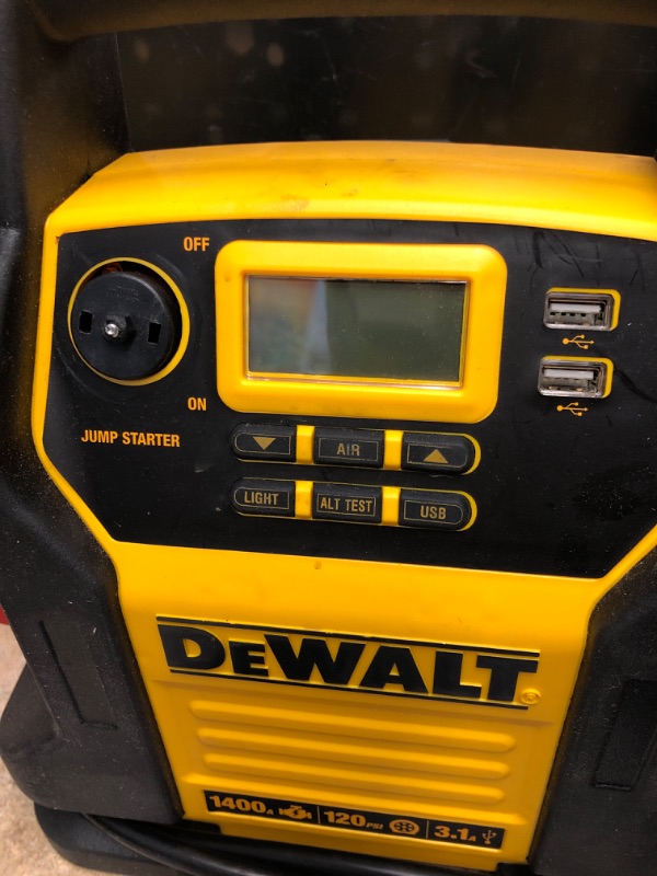 Photo 3 of **SSE NOTES** DEWALT DXAEJ14 Digital Portable Power Station Jump Starter: 1400 Peak/700 Instant Amps, 120 PSI Digital Air Compressor, 3.1A USB Ports, Battery Clamps , Yellow