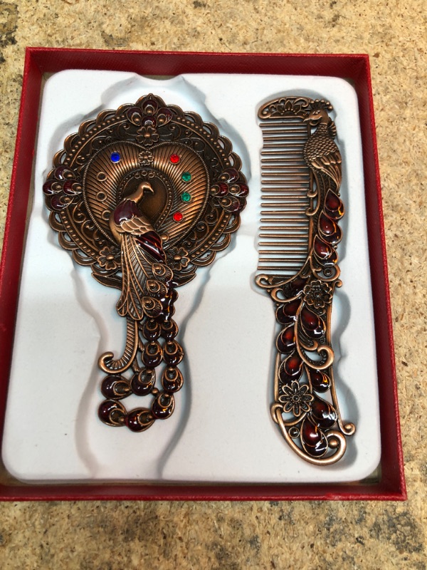 Photo 1 of 2Pcs/1Set Peacock Embossed Vanity Mirror Comb Set Travel Portable Metal Cosmetic Mirror with Embedded Beads for Mom Women and Girls