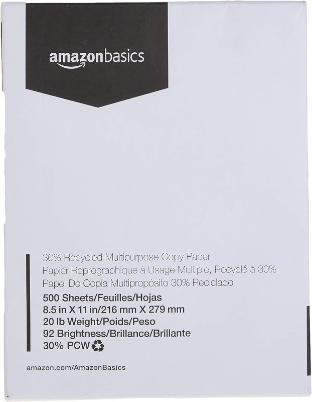 Photo 1 of Amazon Basics Multipurpose Copy Printer Paper, 8.5-x-11-inch, 24lb,  (,500 Sheets), 97 Bright, White